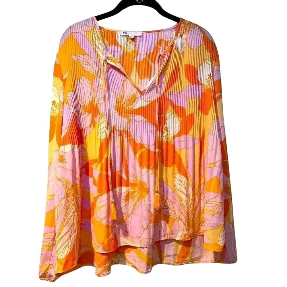 Flowy Tropical Print Blouse V-Neck Long Sleeve Orange Pink Floral Summer Top D6